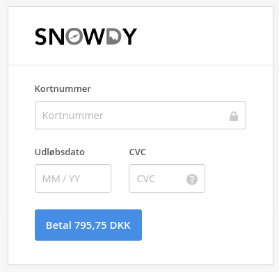 Betalingsvinduet med webshoppens eget logo og felter til kortnummer, udløbsdato og CVC.